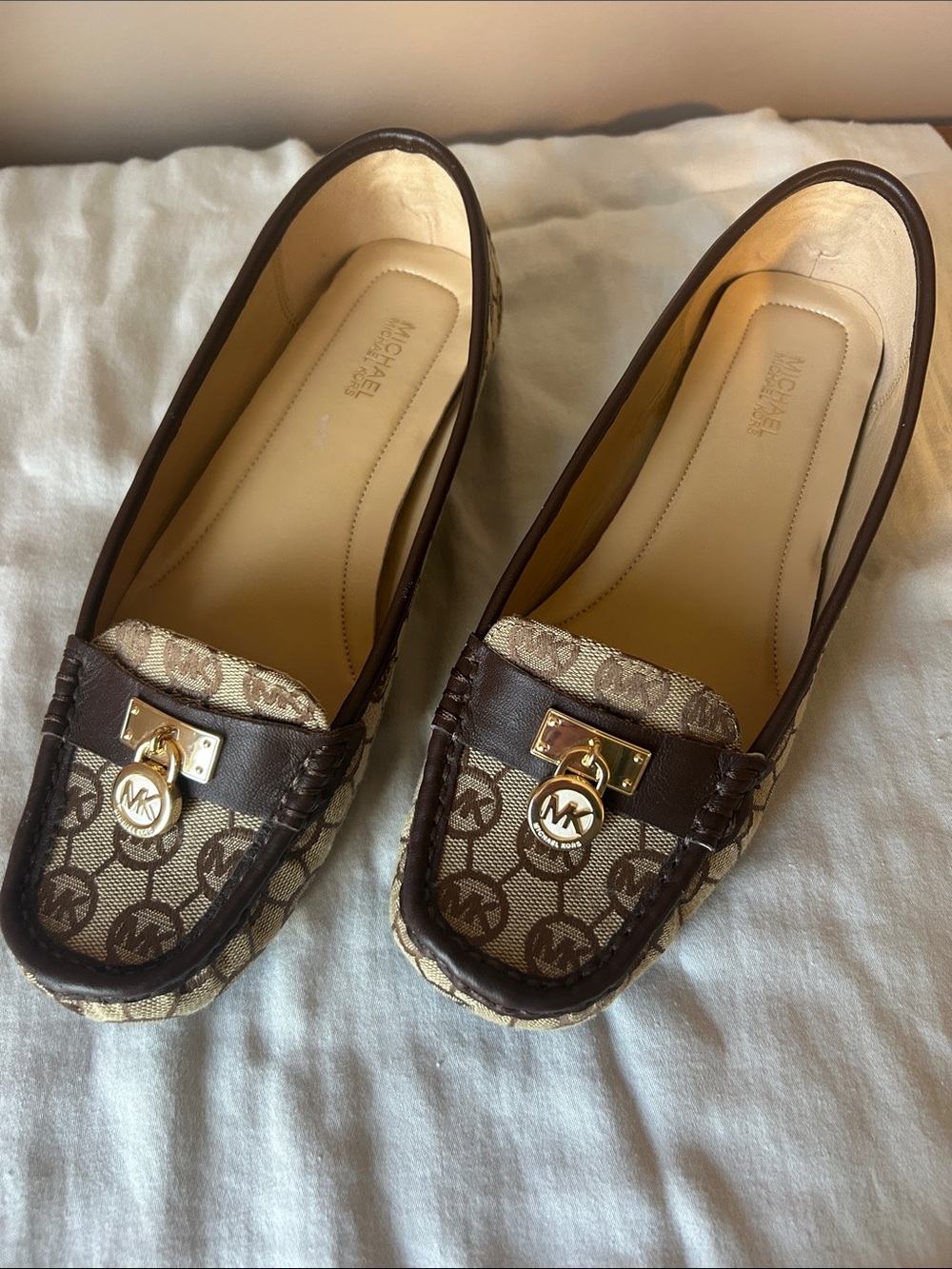 Michael Kors Brown and Beige Signature Logo Loafers with Gold Hardware